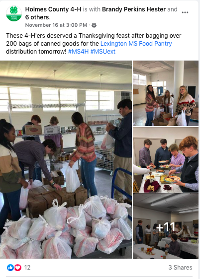 A Facebook post showing people receiving food and care items.